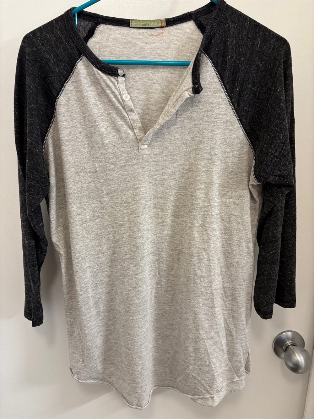 Alternative Apparel Heather Gray Baseball Henley with Black Raglan Sleeves